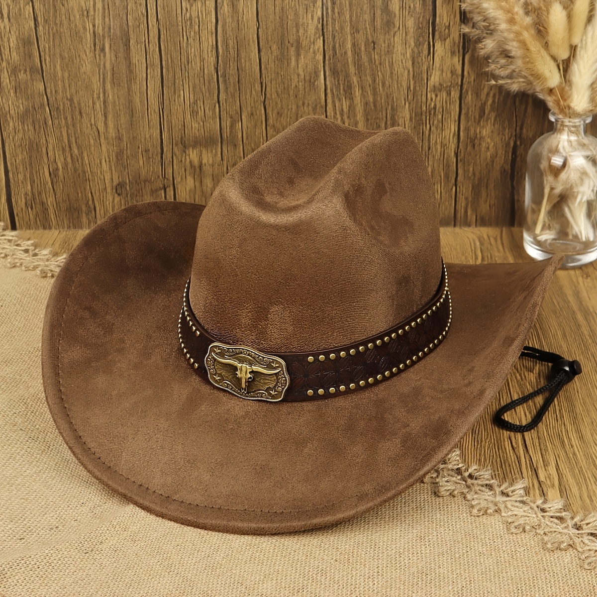 TEMU 1pc Vintage Western Cowboy Hat Men Women Easy Suede Velvet Wide Brim Cowboy Hat, Adjustable Rope, Retro Exquisite Carved Rivet Inlaid Belt