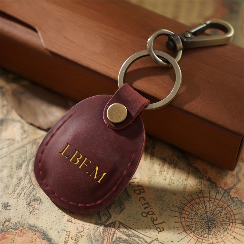 TEMU Personalised Customizable Initials Name Retro Faux Leather Oval Keychain With Metal Clasp Pendant Car Key Chain Retro Airtag Case For Father's