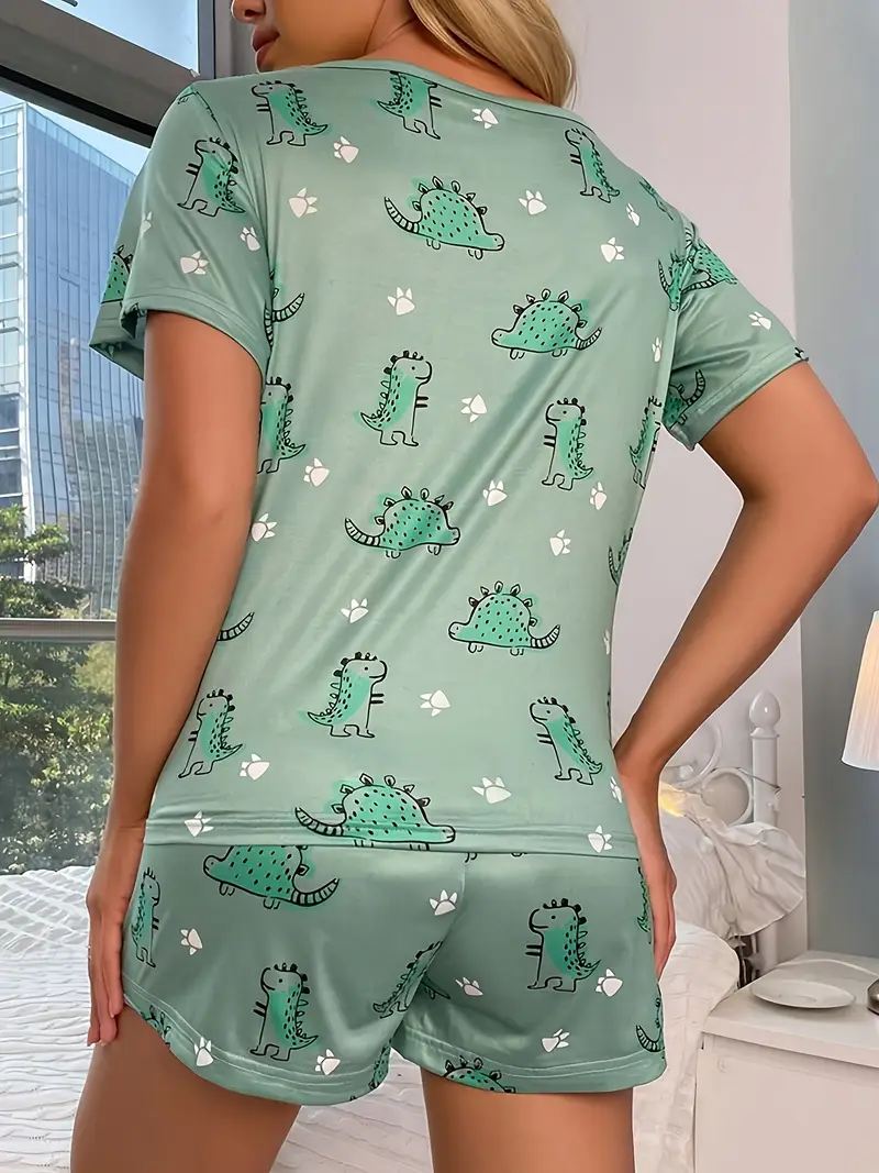 a cute dinosaur print pajama set for of polyester knitted fabric featuring collar short sleeved top and shorts for casual wear in comfortable relaxing and suitable Product details 3