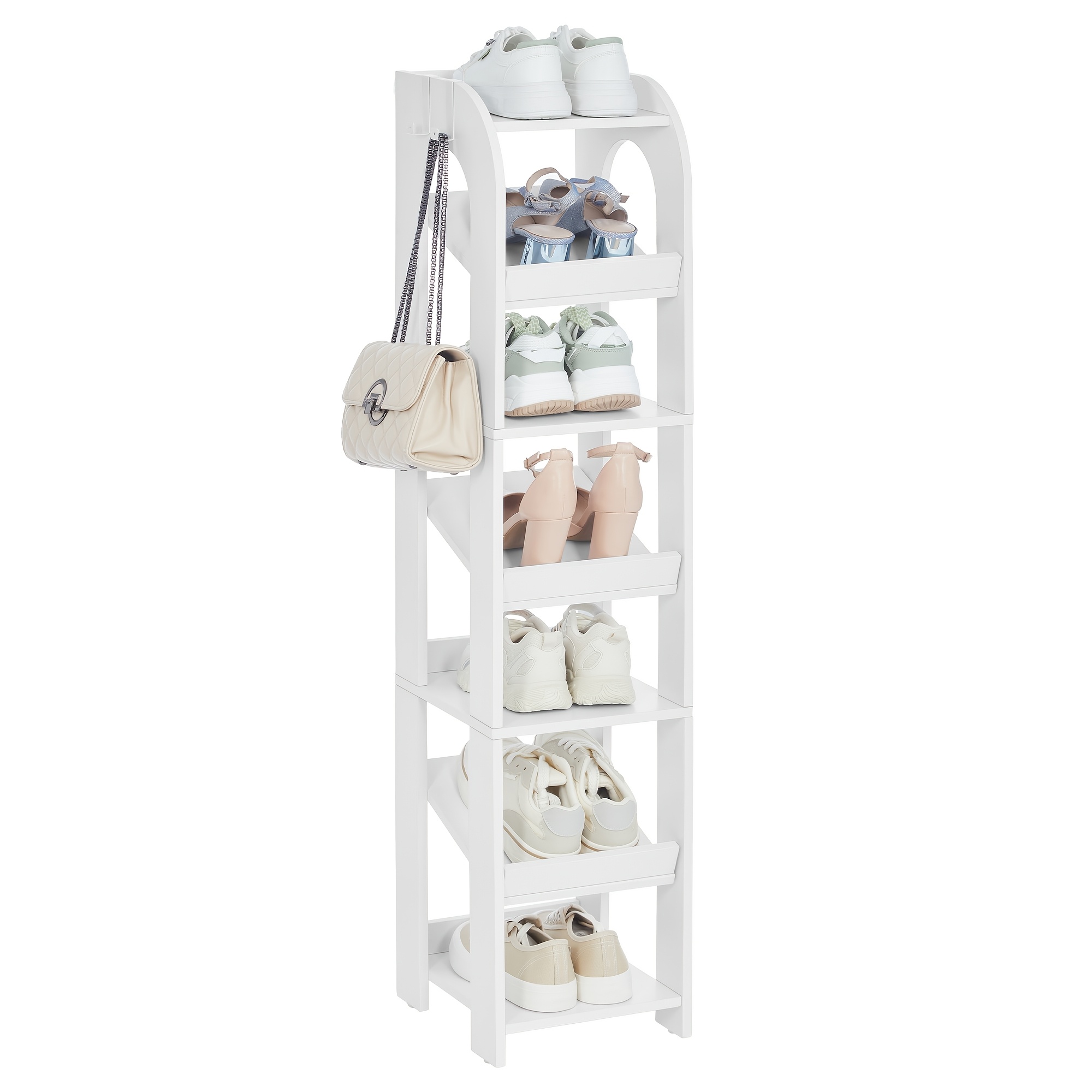 Vertical Shoe Rack, 7 Tiers Narrow Shoe Racks, Wooden Shoe Organizer For Closet, Entryway, Shoe Tower For Small Spaces, Freestanding, Adjustable, With Hooks, White