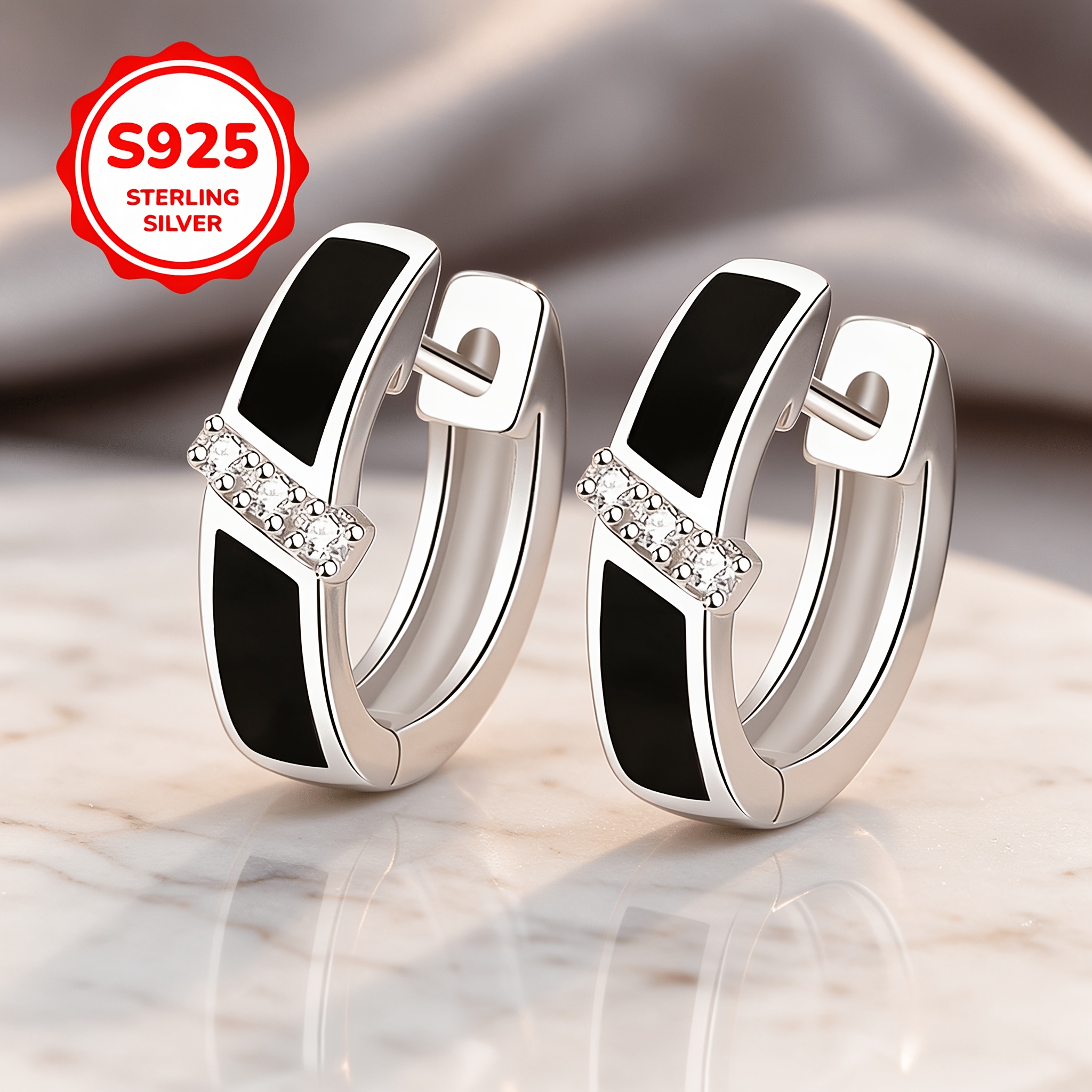 Women's Stylish Black Enamel Stud Earrings, 925 Silver