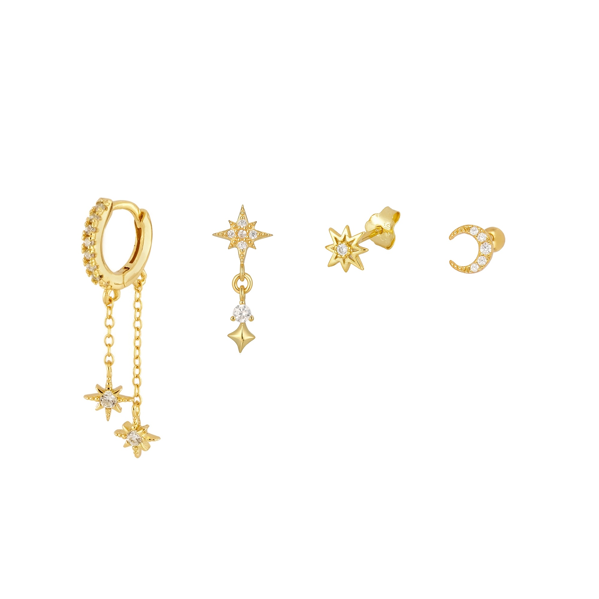 TEMU Ensemble de 4 exquises boucles d'oreilles à étoile et à lune pour femmes, bijoux brillants avec , matériau en cuivre, adaptés aux oreilles