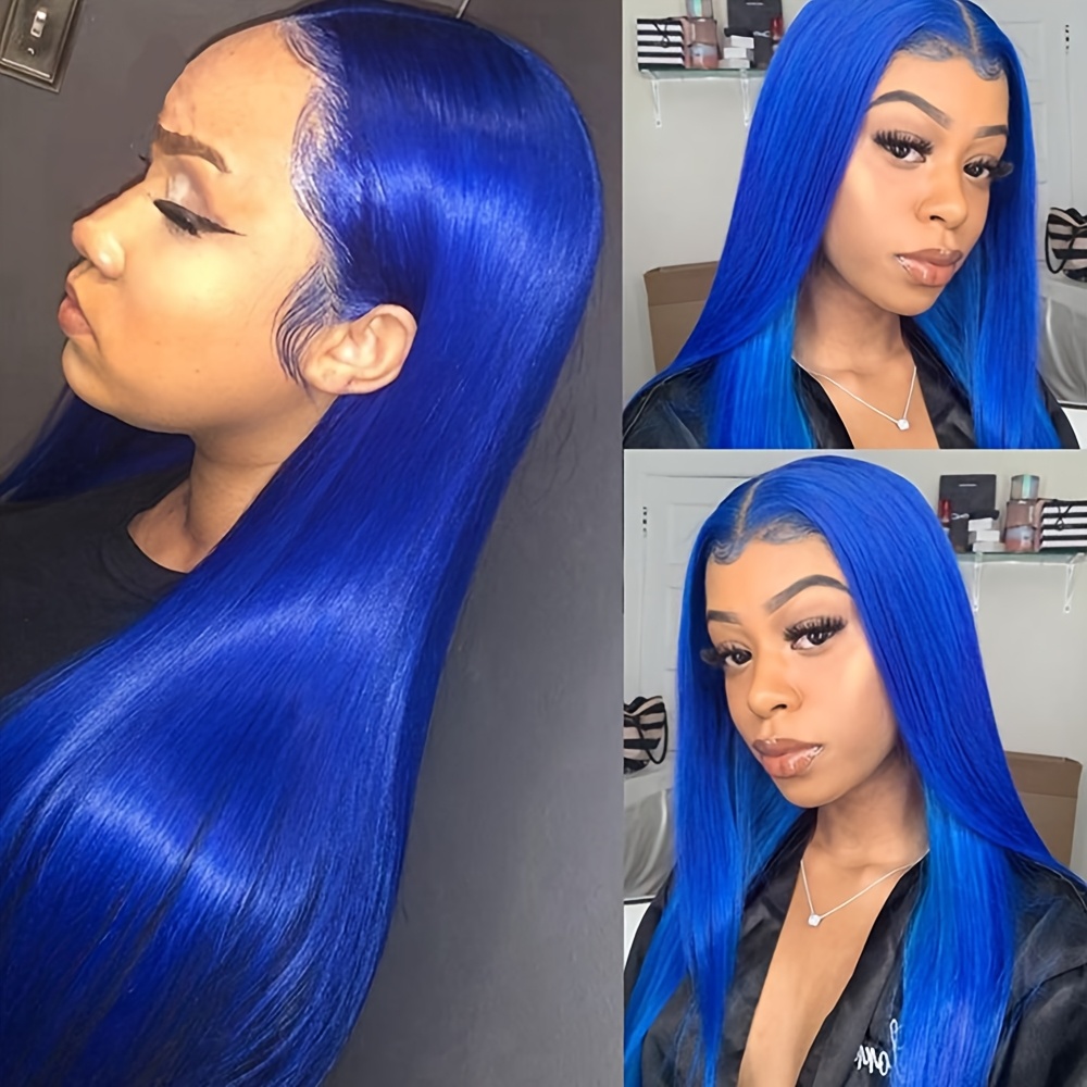 blue synthetic lace front wig long   blue lace front wig   hairline heat resistant   navy blue color lace front replacement wigs 13x4 free part for fashion woman girls   wear 26 inch details 4