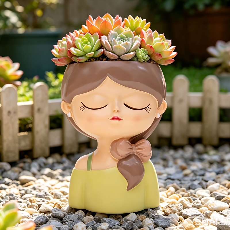 TEMU Adorable Girl Resin Flower Pot With Drainage Hole Suitable For Succulents & Small Plants, Potted For Indoor/outdoor Decor, Bow-shaped Girl