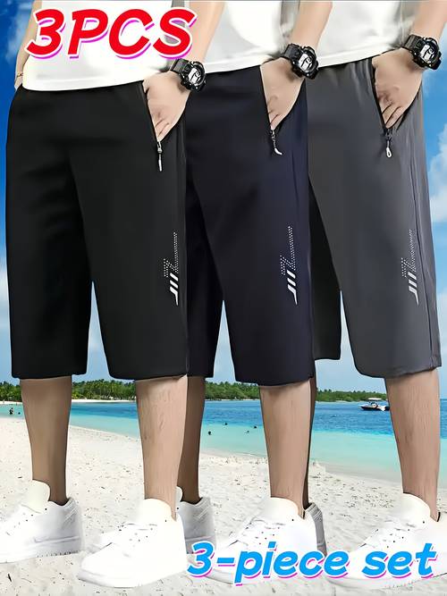 3pcs mens summer sports casual capri pants for training fitness outdoor running breathable comfortable thin fashionable with zipper pockets and drawstring waist