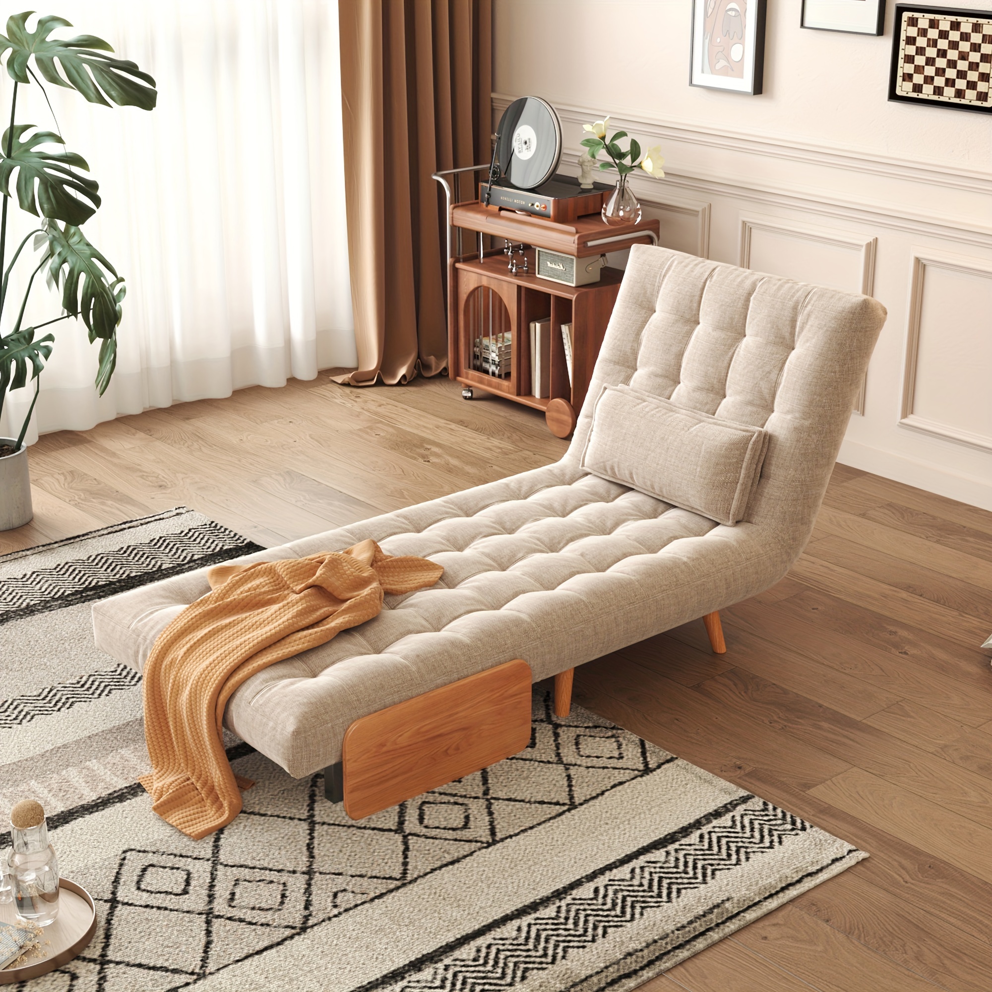 1 Modern Cotton And Linen Convertible Sofa Bed with 5 Adjustable Backs, Adjustable Height Pillows - Living Room Recliner, Single Or Double Use, Living Room Furniture Sofa | Neutral Home Decor | Wood Frame Sofa (Beige/Coffee)