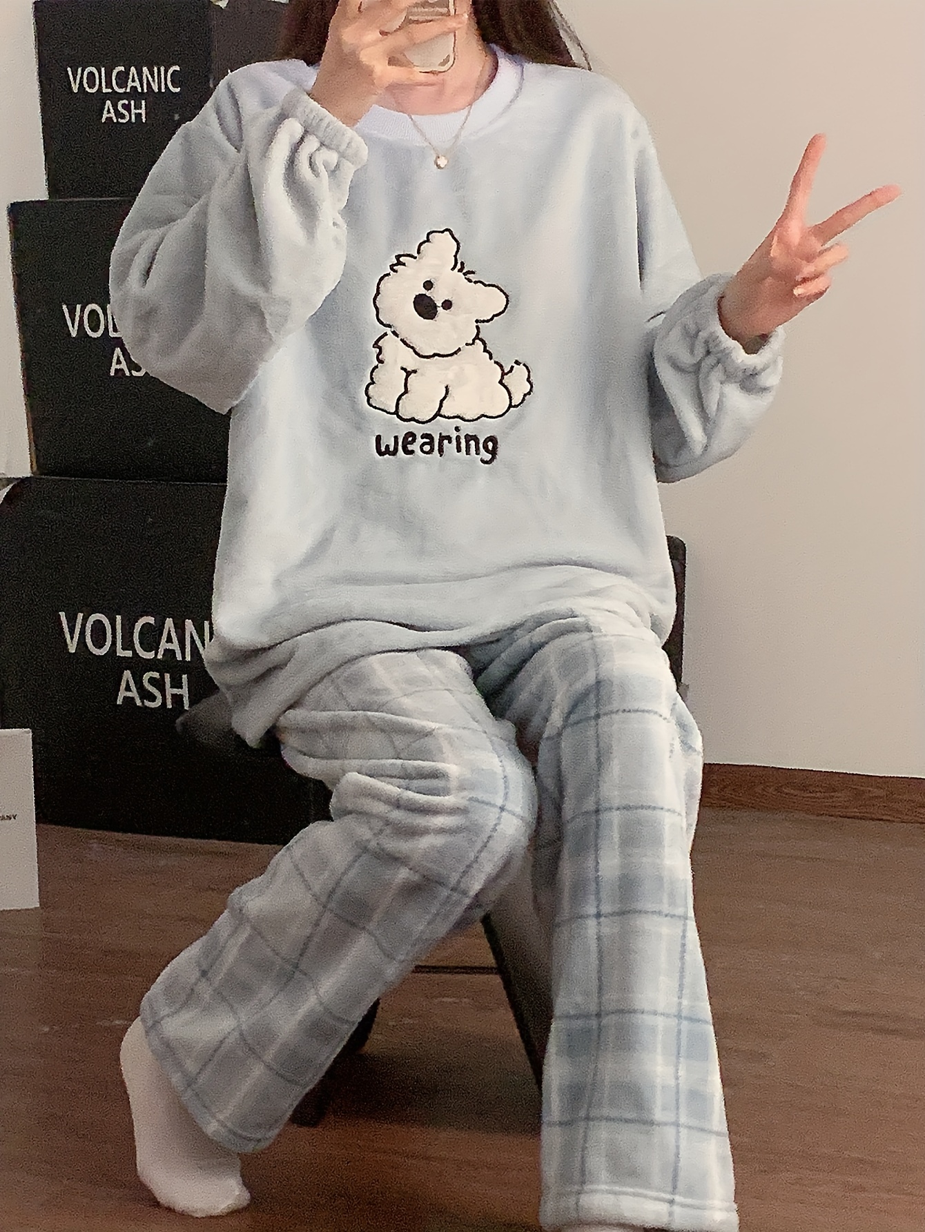 Pijama de Franela Gruesa para Mujer Otoño-Invierno con Bordado de Perro  Animado, Conjunto Loungewear en Vellón Coral y Pantalones a Cuadros,  Pijamas d