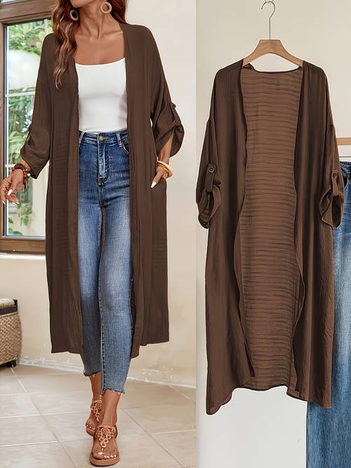 elegant womens long casual jacket with open front collar solid color polyester machine washable