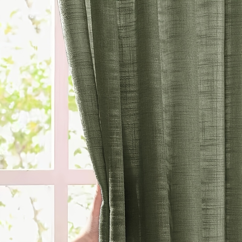 1pc Linen-look Olive Green Cross Pattern Sheer Curtain, Suitable For Occasions
