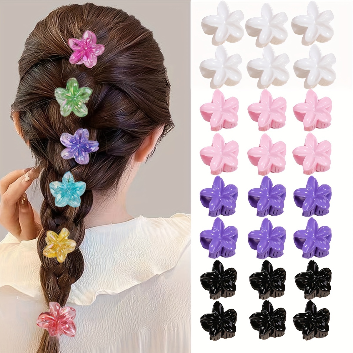 

6pcs Mini Flower Hair Clips - & Hibiscus Designs, Cute Ponytail Holders For Girls