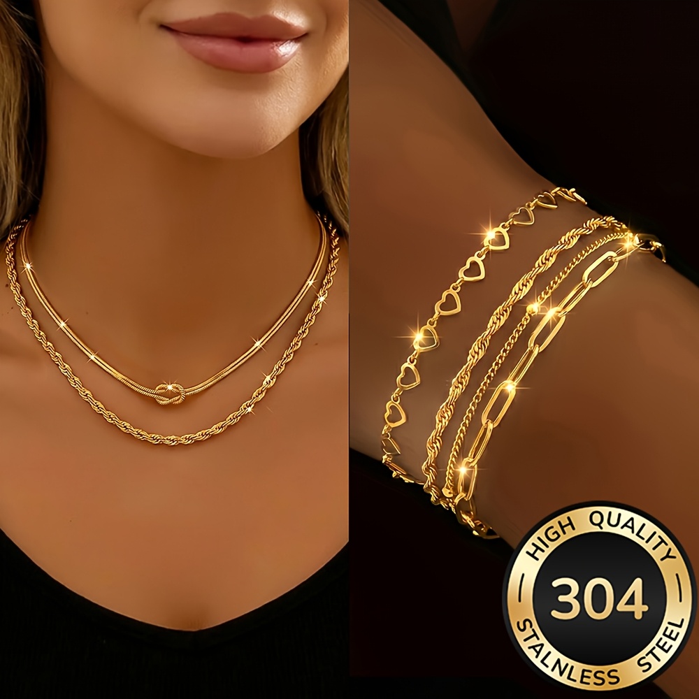 TEMU Ensemble de 6 pièces de collier et bracelet pour femmes en acier inoxydable plaqué or , bijoux pour femmes étanches et résistants à la