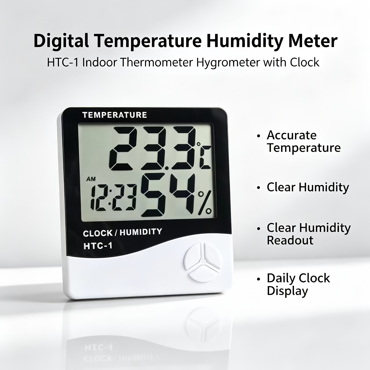 TEMU Htc-1 Digital Thermometer And Hygrometer, Featuring A Large Lcd Display, Indoor Temperature And Humidity Monitor With Clock And Alarm Function,