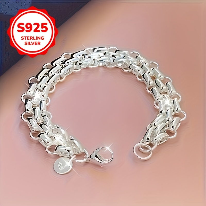 S925 Silver Wide Bracelet, Unisex Trendy Hip-Hop Style
