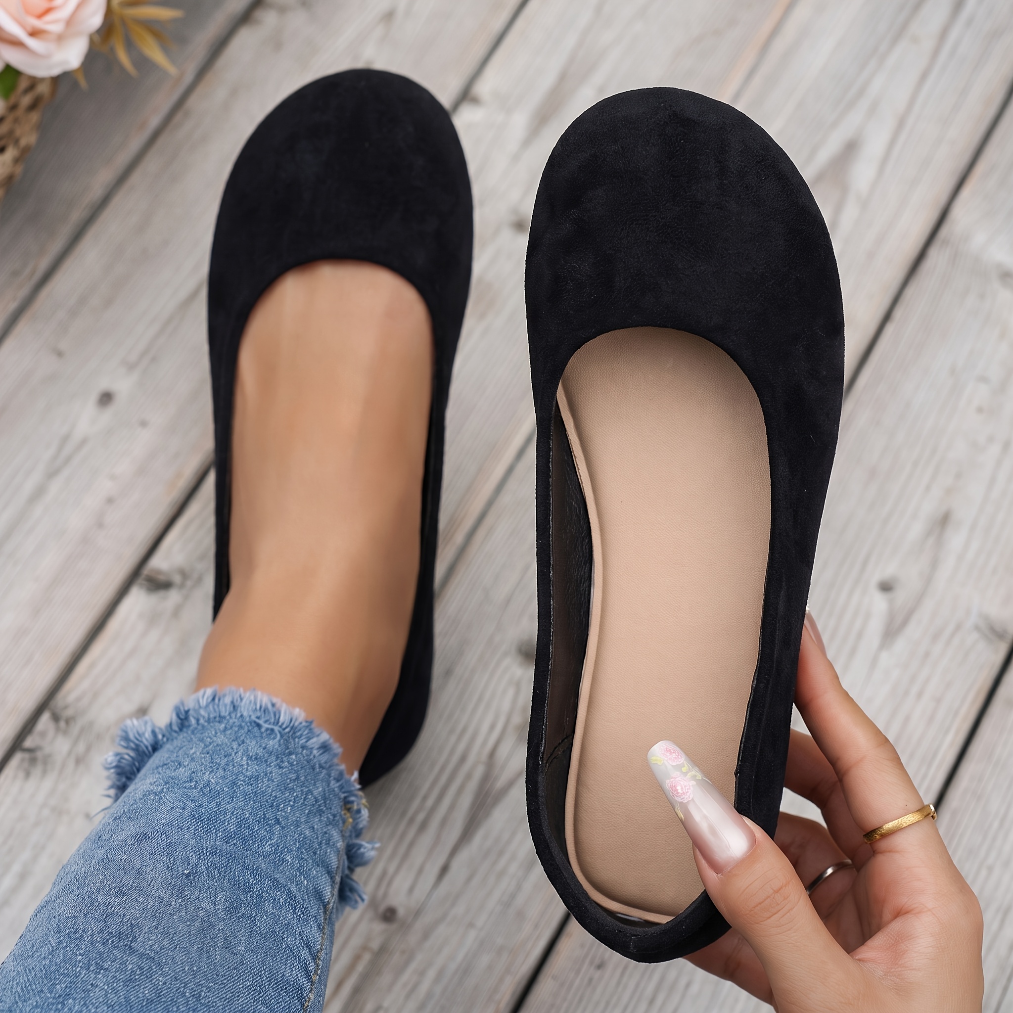 TEMU Women's Wide Fit Round Toe Ballet Flats, Plus Size Shoes, Cushioned Insole Padded Heel Collar Flat Shoes, Spring Autumn Casual Office Work Daily