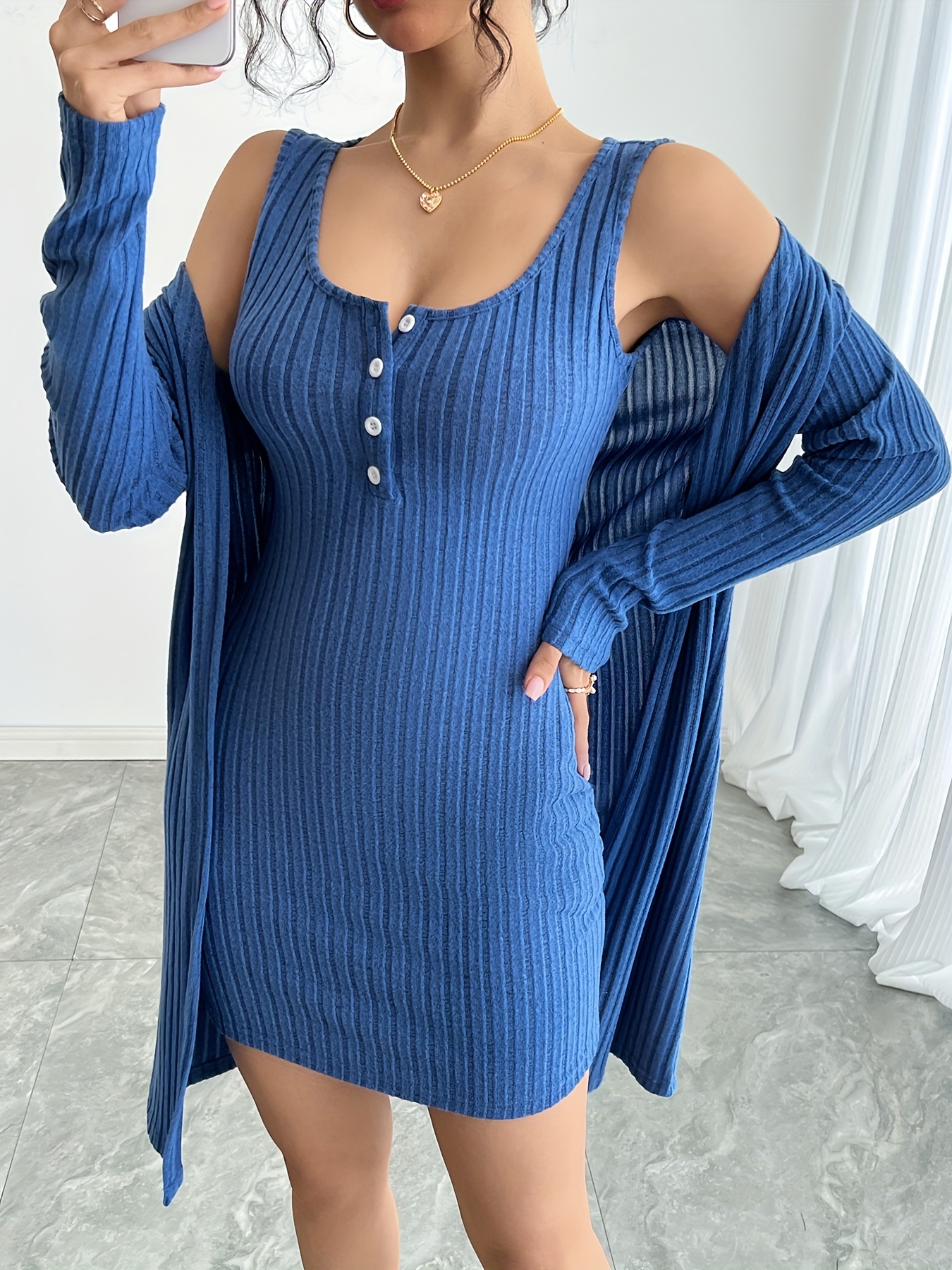 Casual Solid Color Rib Knit Dress Set, Square Neck Button Front Tank Dress  & Open Front Long Sleeve Cardigan For Spring & Fall, Women's Clothing