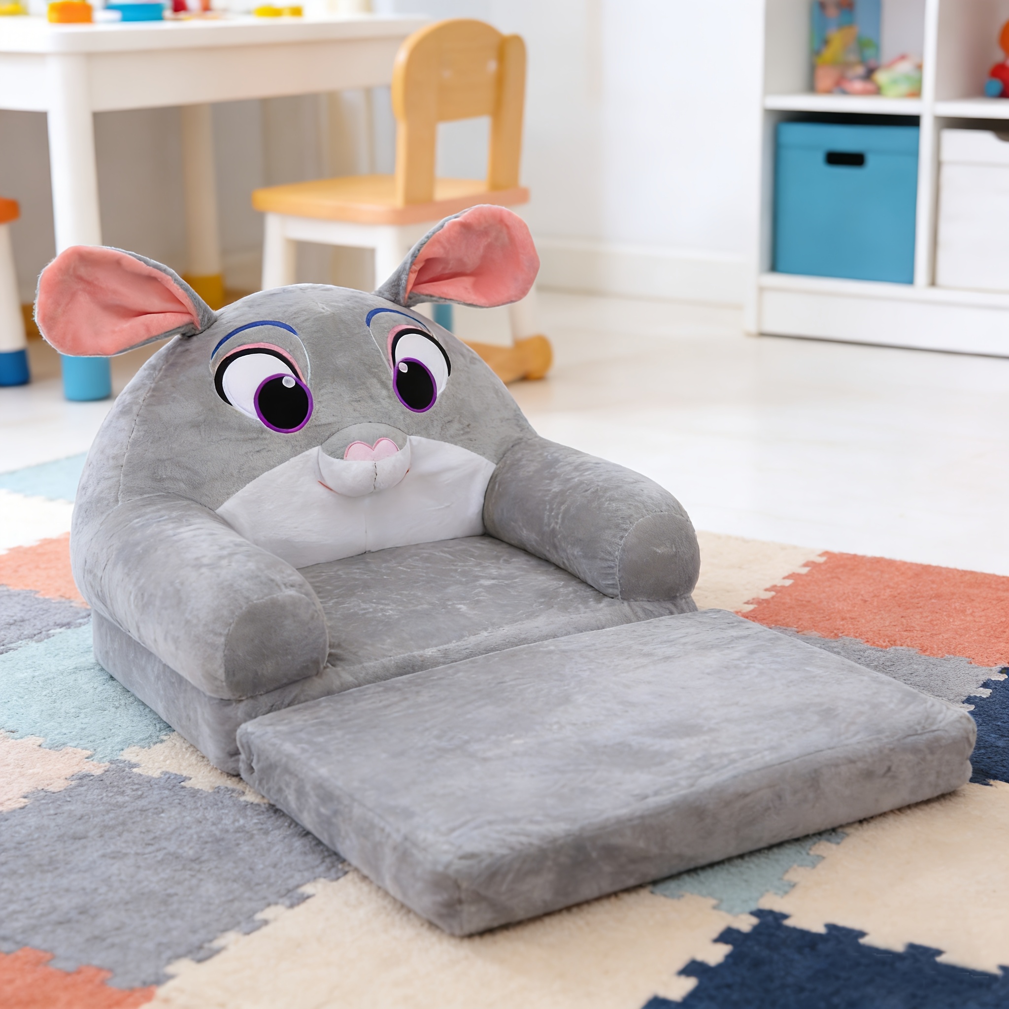 Cozy Kid Folding Sofa, Plush, Washable Lounge Chair for Playroom & Nursery, Gray Dog Style Foldable Wide Handle Soft Breathable Toddler Chair for Reading Relaxing Sleeping(2 Layers)