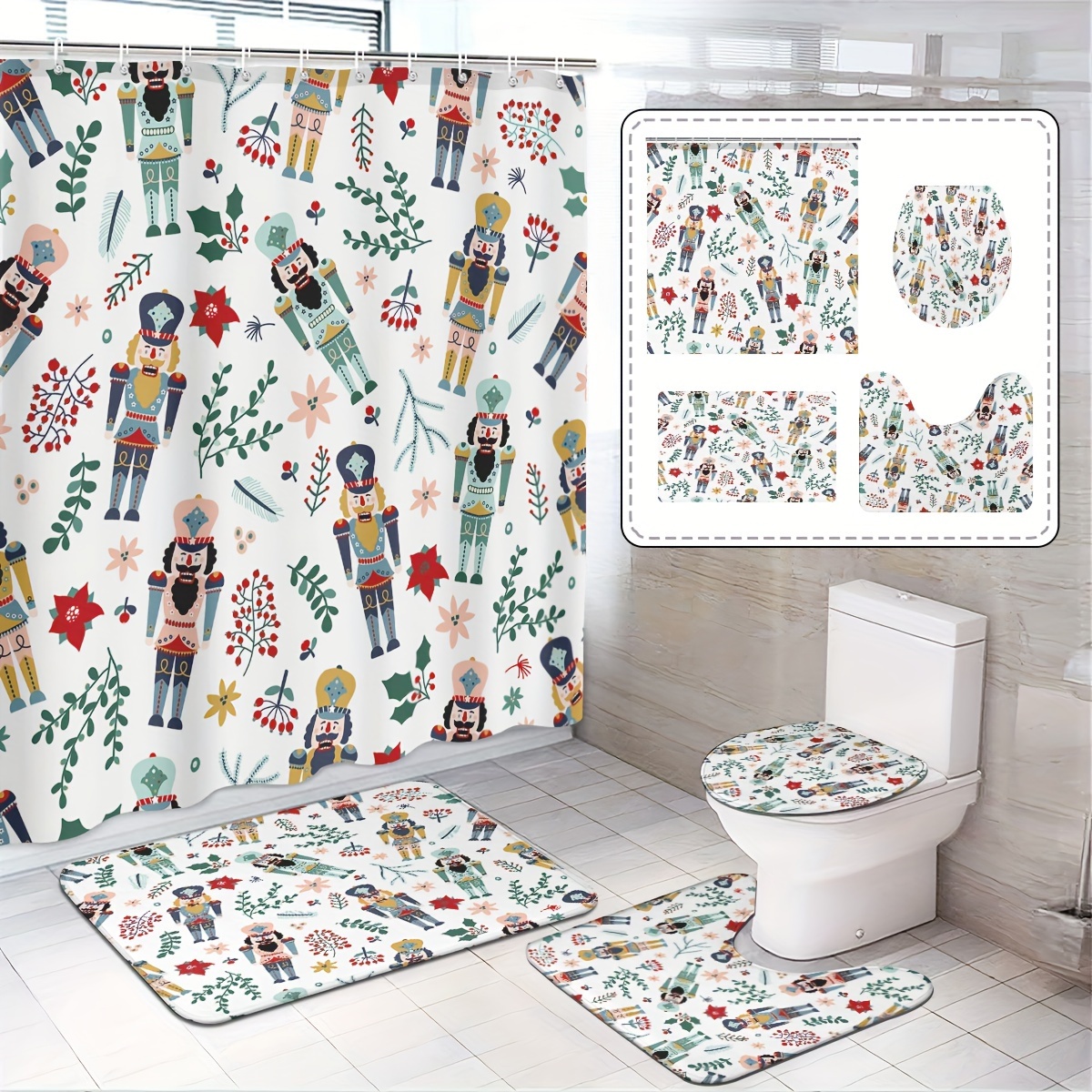 

Nutcracker Themed Shower Curtain Set With Bath Mats – Stain Resistant Polyester Knit Fabric Bathroom Decor With Machine Washable Cartoon Pattern – Includes Hooks For All-season Christmas Festive