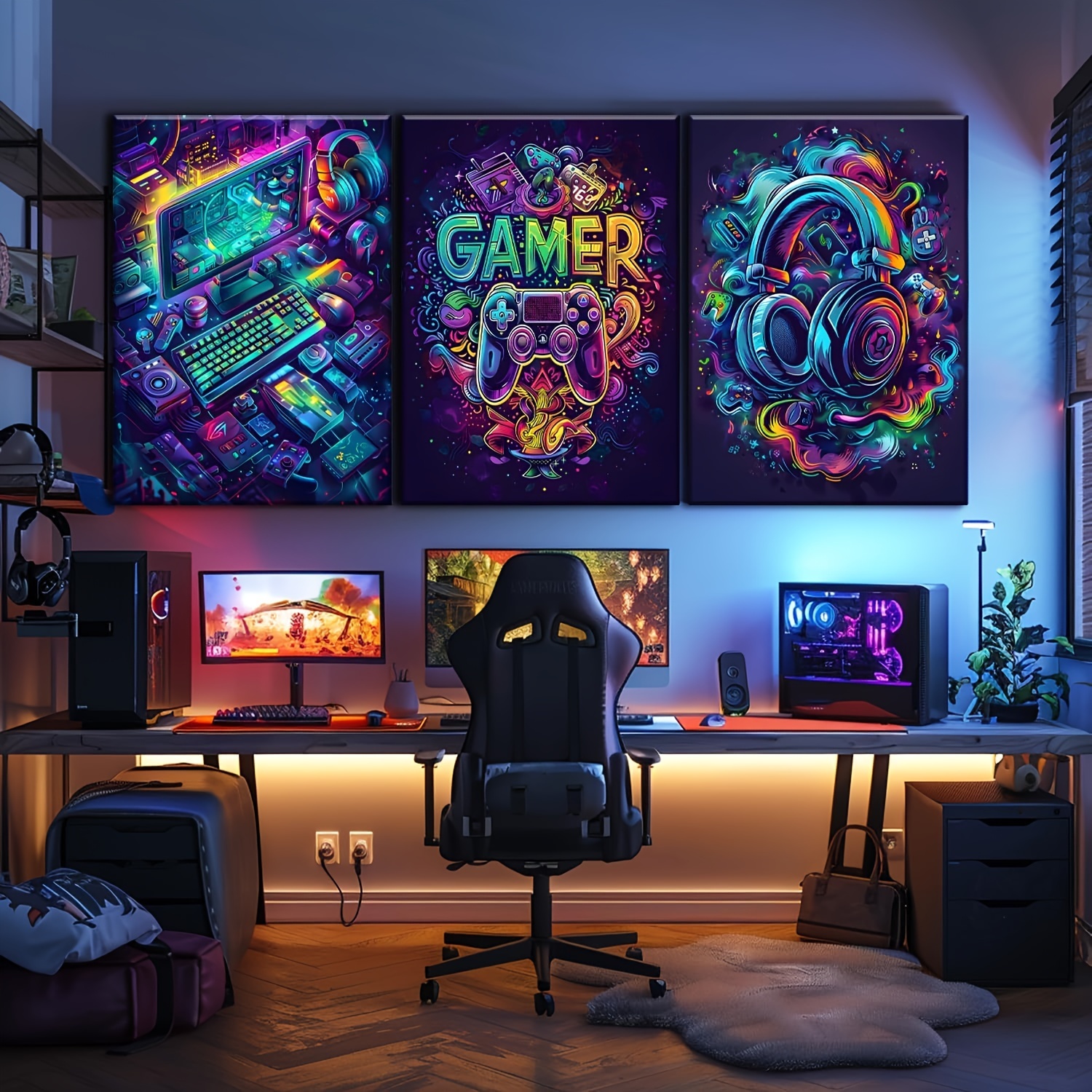 

Ensemble de 3 toiles de salle de jeux ZYGALPLOP - Affiches de jeux vidéo colorées avec gamepad, casque et design de graffiti - Peintures décoratives sans cadre pour la chambre à coucher d'un garçon