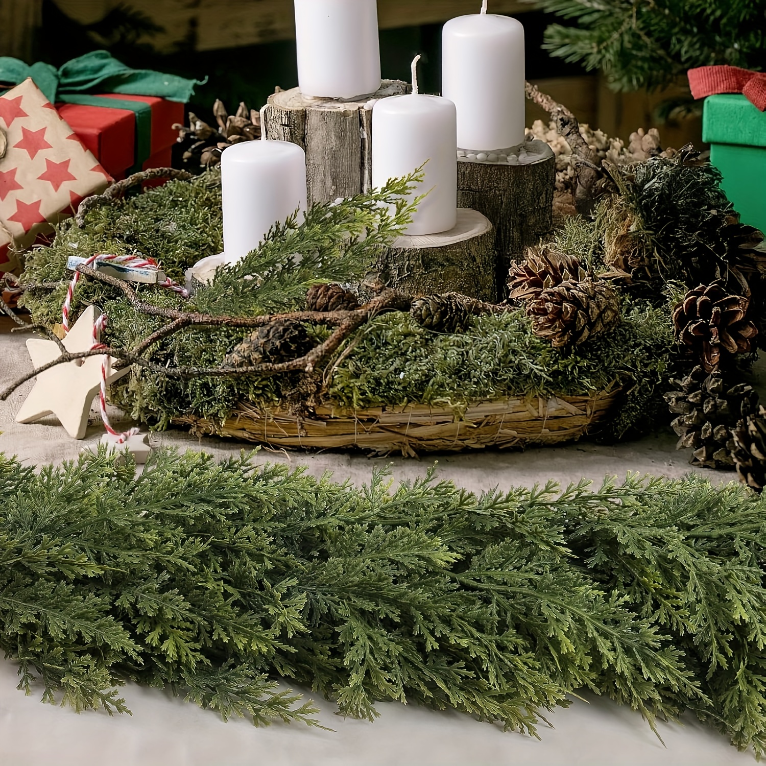   artificial cedar and pine garland realistic green   cedar for indoor outdoor holiday decor christmas halloween valentines day thanksgiving no maintenance no container needed   fireplace staircase and home decoration christmas decorations festive decoration natural look durable plastic best for christmas   thanksgiving christmas garland green vine wreath   garland christmas wreath table bannister christmas decor christmas Product details 3