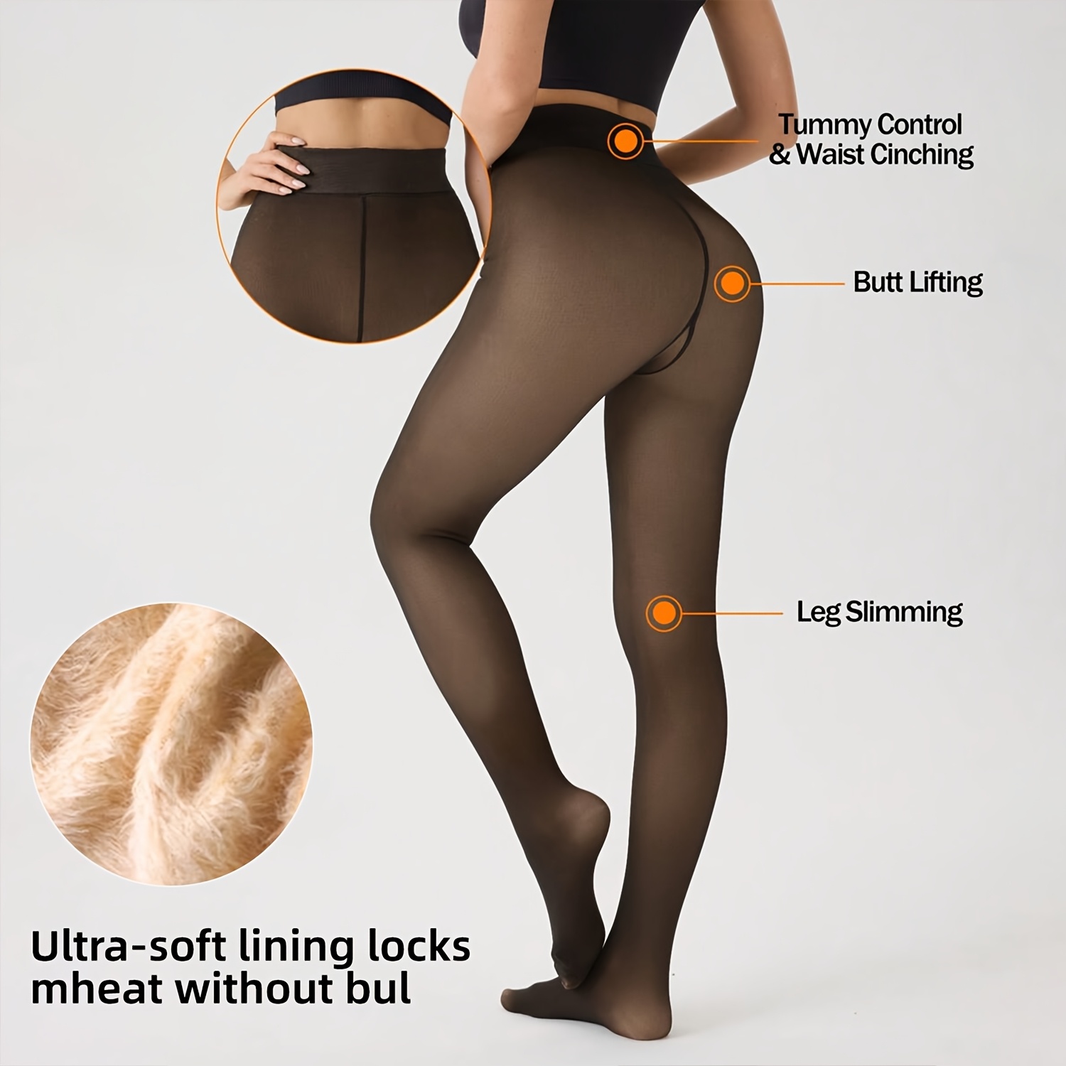 TEMU Women's Black -lined Gusset Thermal Tights, Sheer-look Effect, High-stretch, Comfortable, And Stylish Pantyhose, Simple And Versatile Leggings