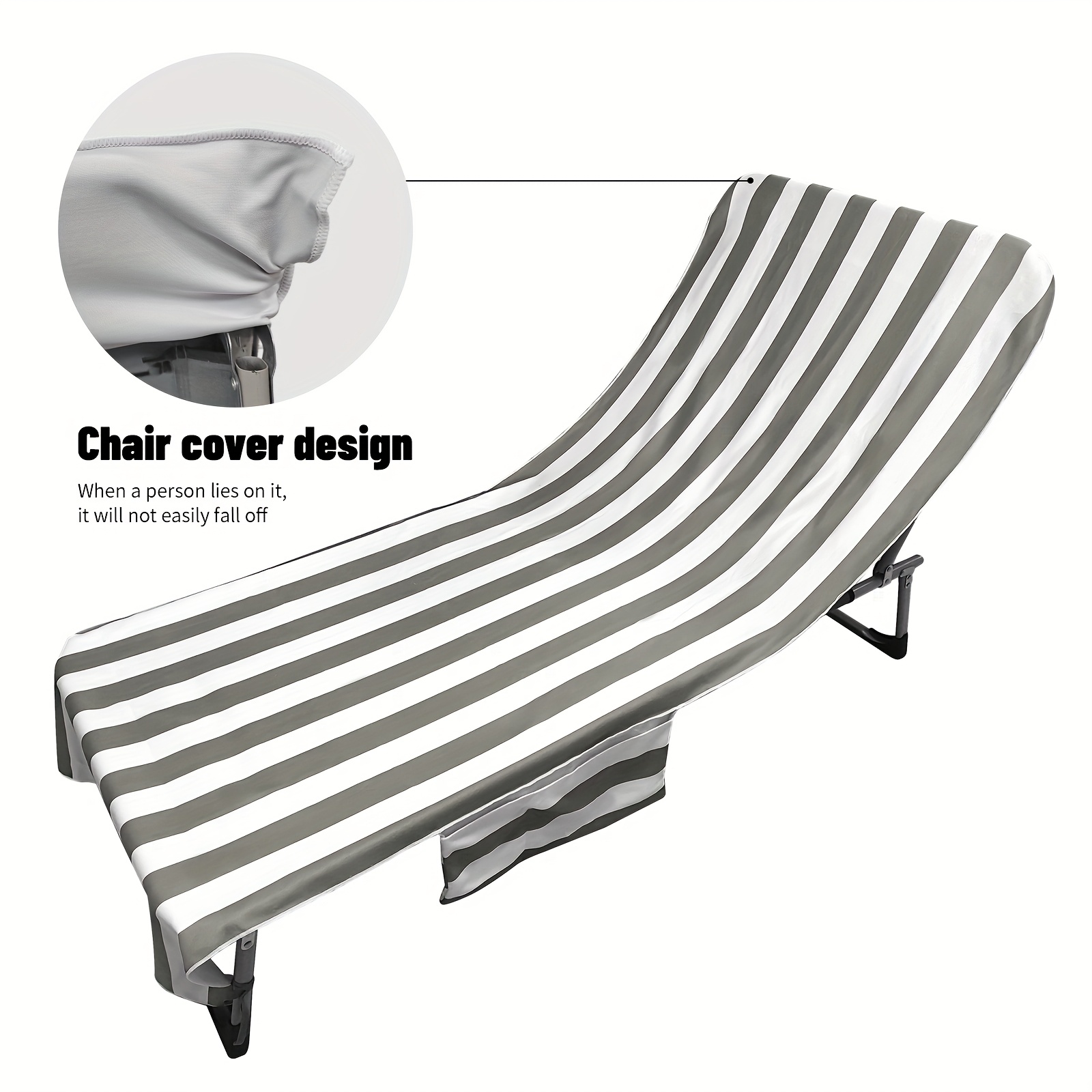 1pc Microfiber Stripes Beach Chair Cover With Pockets.