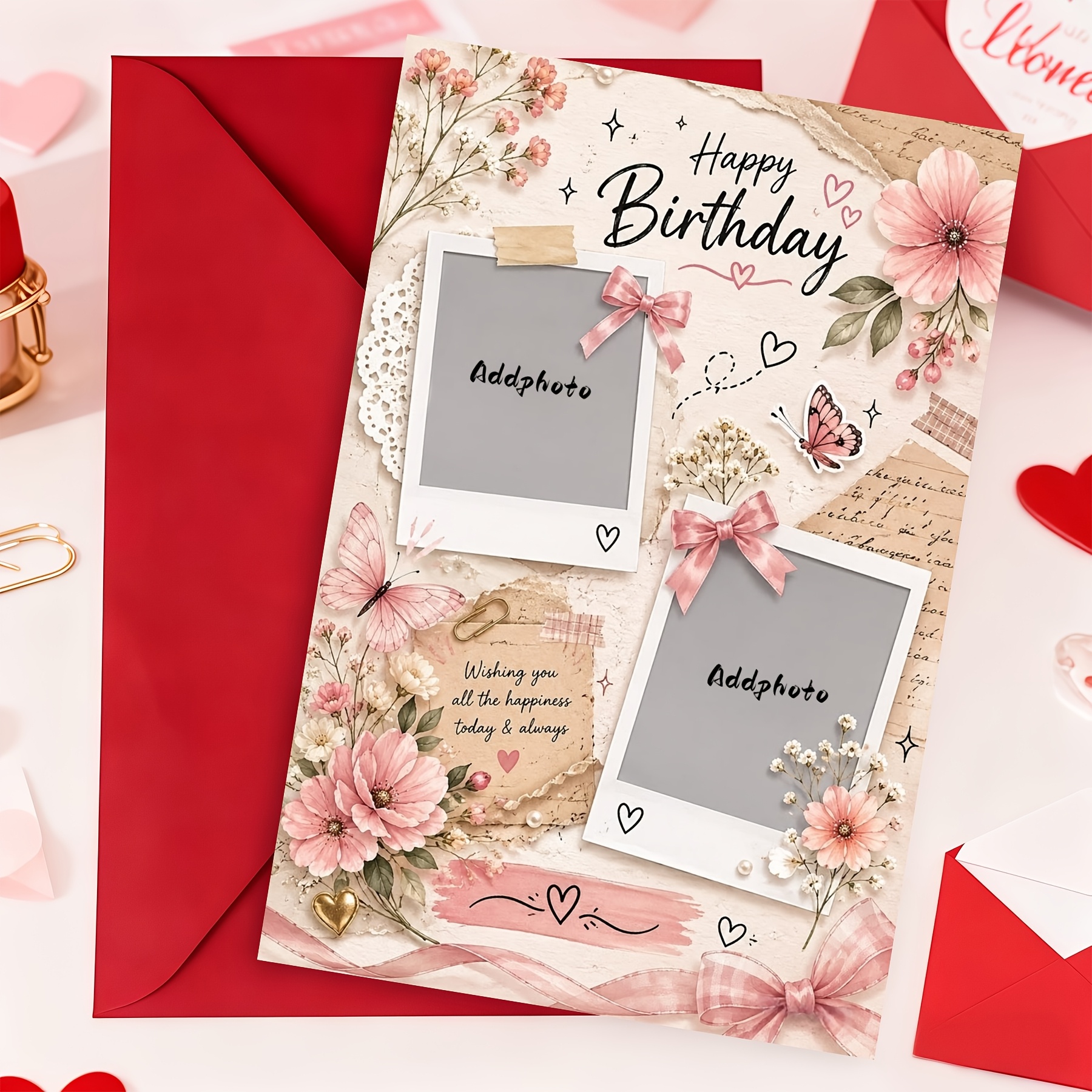 TEMU Custom Photo Birthday Card With 2 Picture Slots, Vintage Floral Diy Greeting Card, Pink Flower Bow Card