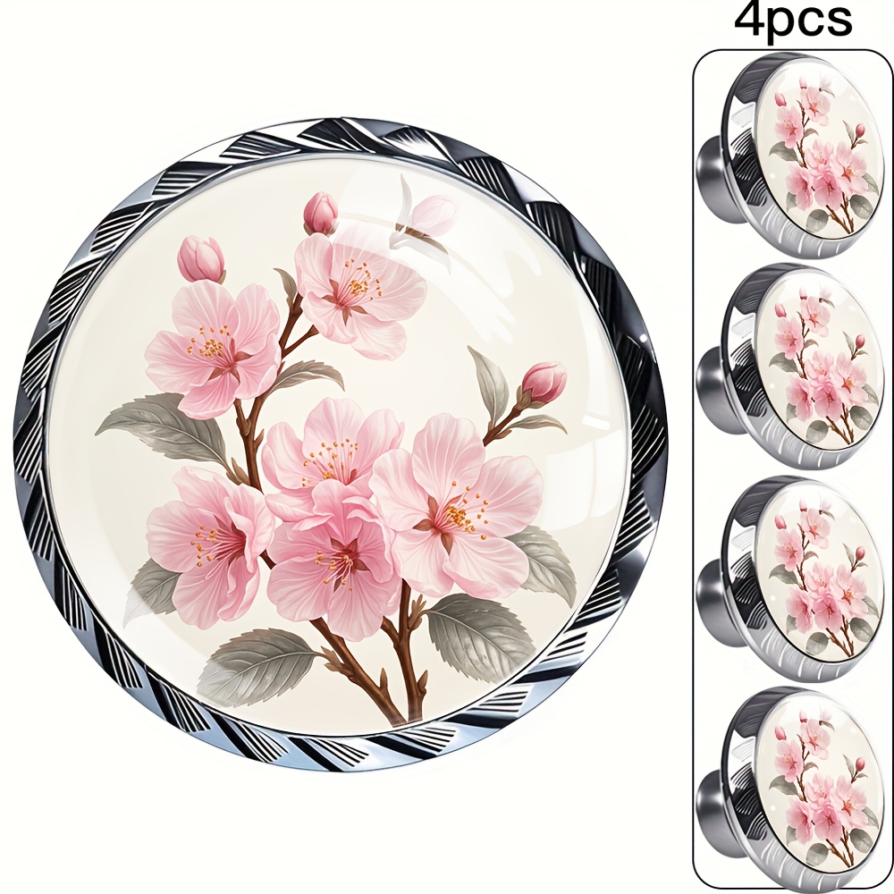 TEMU Een set van 4 ronde knoppen gemaakt van ABS en kristalglas met roze kersenbloesem design, geschikt voor het decoreren van kapstok, kledingkast,