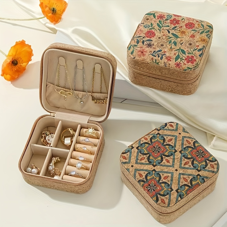 

Vintage Floral Mini Jewelry Case - Pu Leather Travel Organizer With Zipper Closure, Tabletop Accessory Holder, Portable Dustproof Container, Ideal For Christmas/ Gift