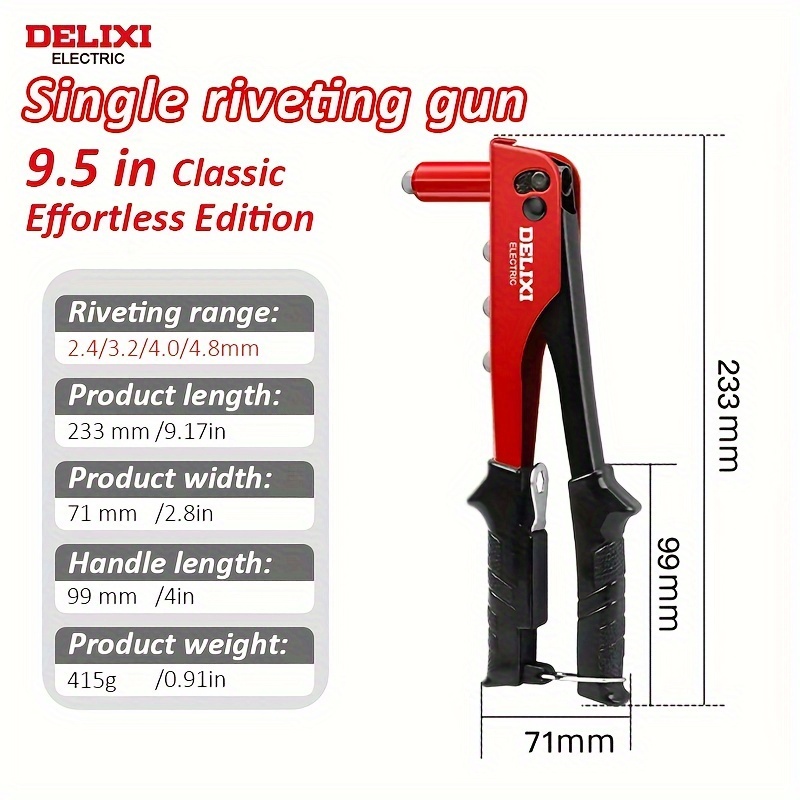 TEMU Delixi Electric Professional Manual Rivet Gun Set, Ergonomic High-leverage Riveting Tool, Metal Construction, No Battery Required - 8in, 10in, 12in, 9.5in Sizes Included