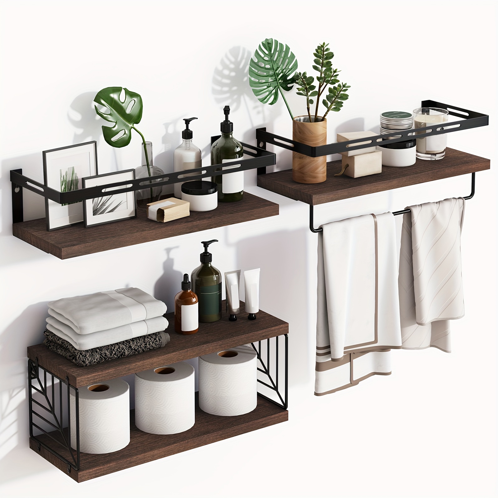 

3+1 Tier Wall Mounted Bathroom Shelves Over Toilet, Rustic Floating Shelves With Metal Frame And Towel Bar For Bathroom, Kitchen, Bedroom, Living Room, Christmas Decoration (dark Brown)