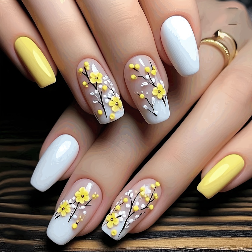 Yellow & White Gradient Press-on Nail Set - Glossy Finish, , Medium Length, Reusable Nails For Women, Nail Art|floral Pattern|reusable Nails