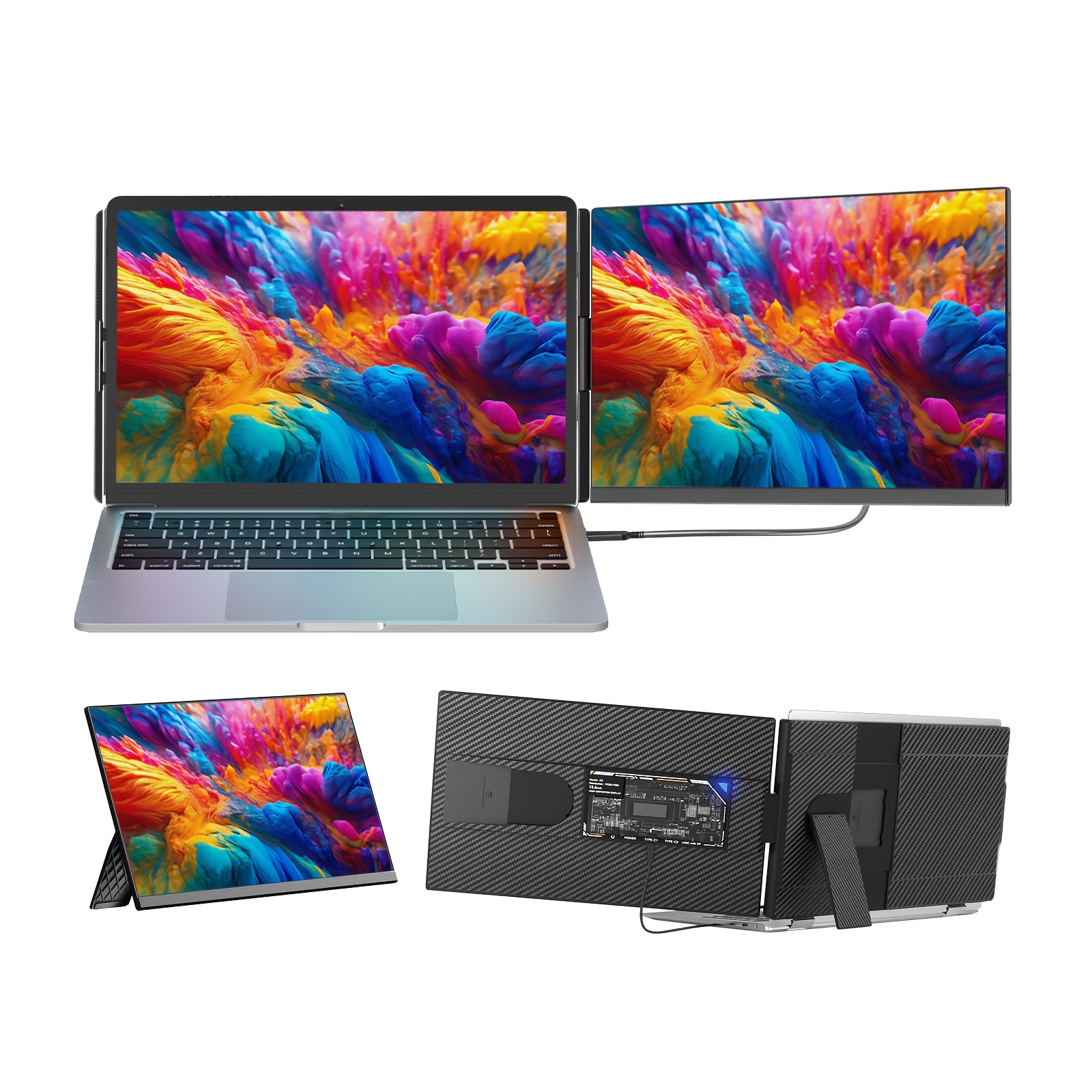 Écran Portable Triple 15,6 Pouces FHD 1080P - Rallonge Pour Ordinateur Portable, Couleur Noir-or