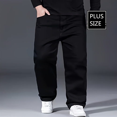 Plus Size Men's Solid Barrel Denim Pants For Spring Fall, Casual Trendy Jeans For Males