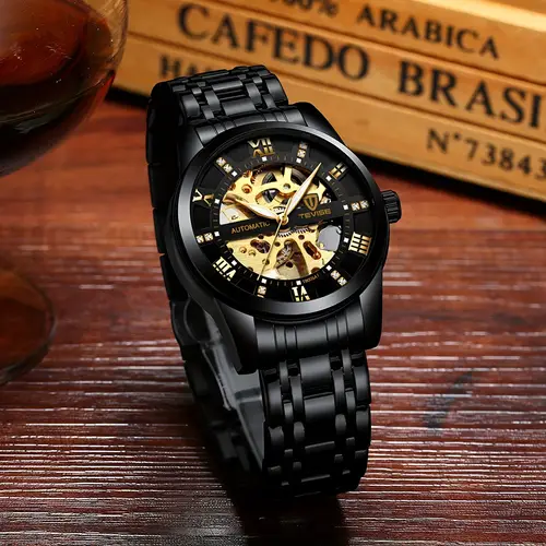 mechanical mens watch stainless steel skeleton automatic watch waterproof business watches for men
