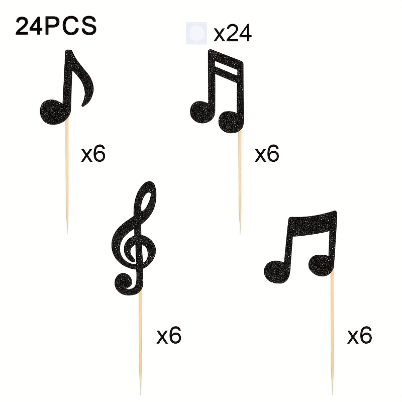 Image of 24pcs Glitter Music Notes Cupcake Toppers Bamboo Cake Toppers Music Theme Cupcake Picks Perfect For Rock Concerts, Weddings And Birthdays Party Decorations Cake Decorating Supplies