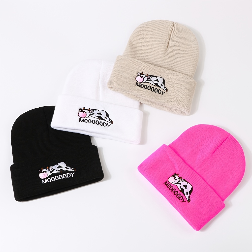 

Hip-hop Style Cow Embroidery Beanie - Warm, Stretchy Knit Skull Cap With Ear Protection For Fall & Winter