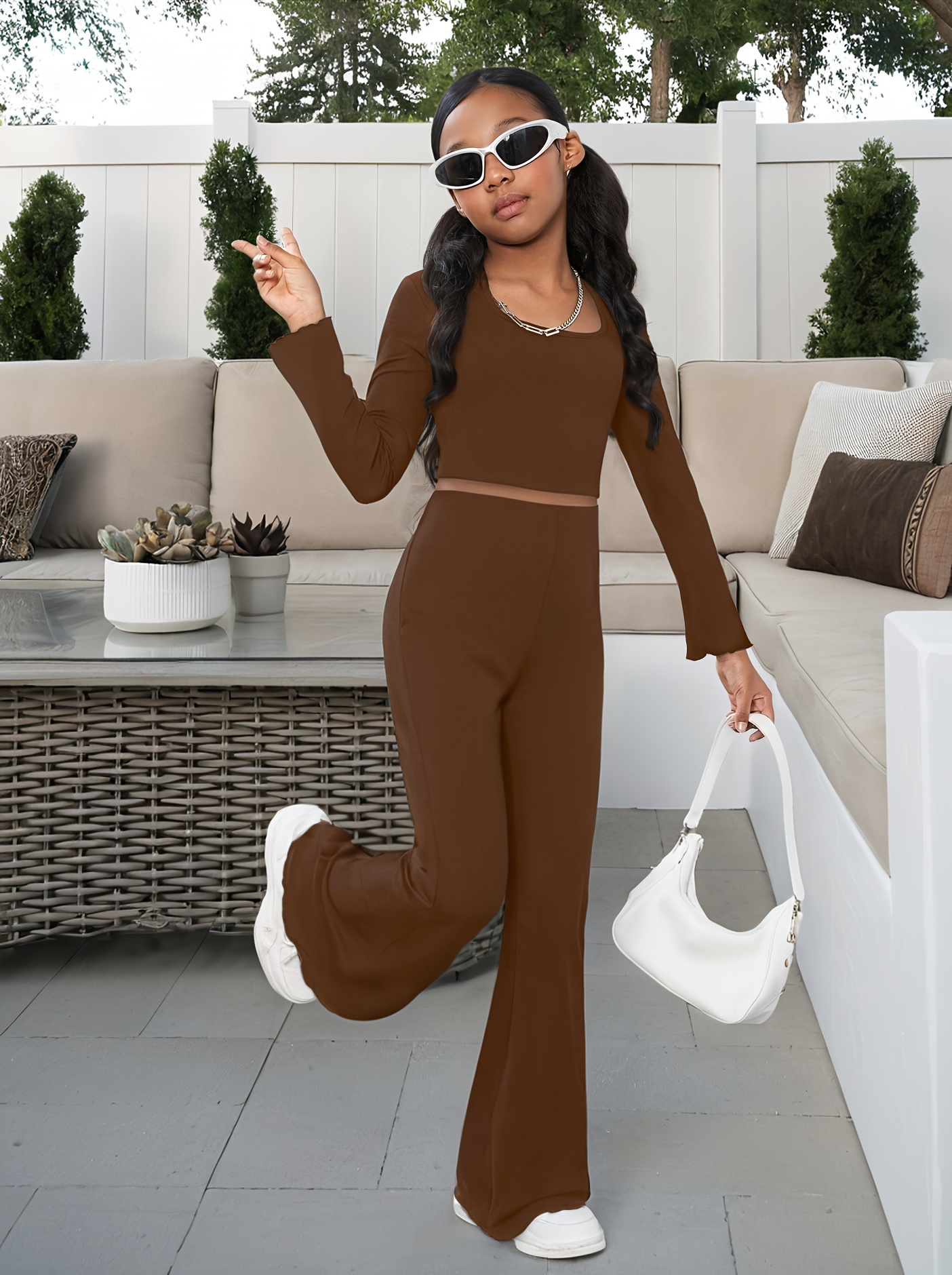 Tenue Automne 2 Pièces Fille - Haut Manches Longues Pied-de-poule + Pantalon évasé - Taille 7 à 13 Ans