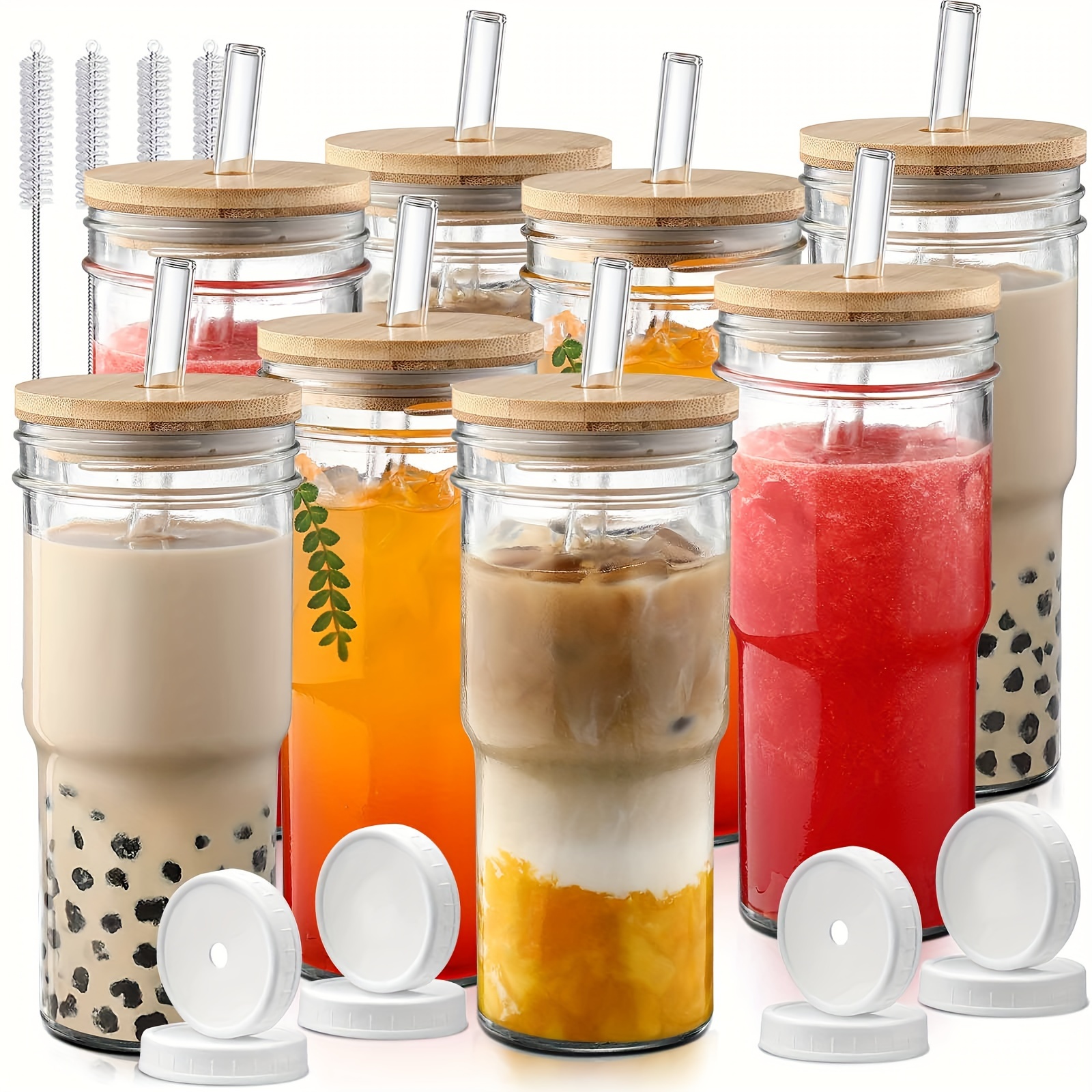 

4/8pcs Glass Cup Set With Bamboo Lid And White Lid, , Coffee, Tea, Car Cup, Portable Glass Cup