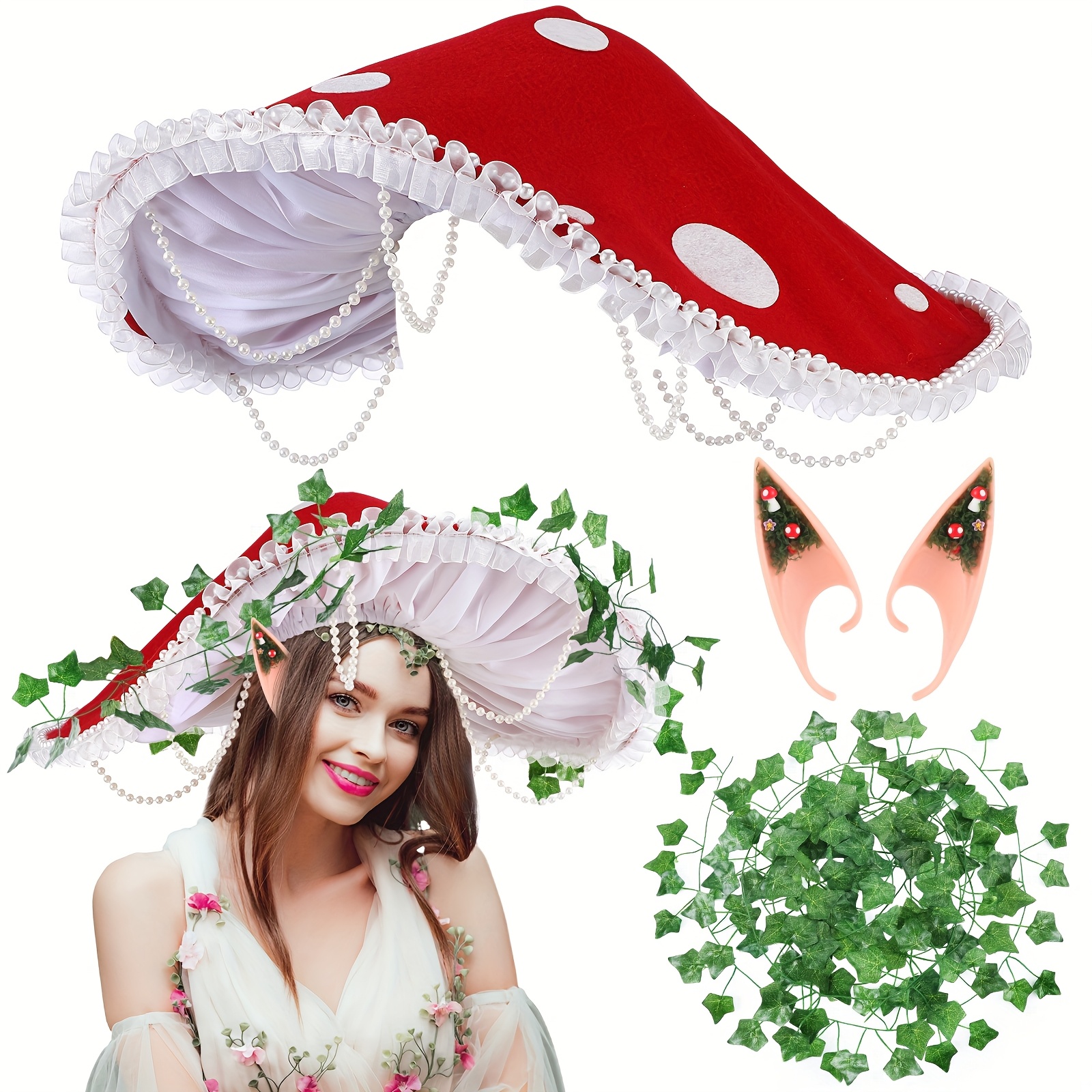 Fairy Costume Accessories Set Mushroom Hat Elf Ears Woodland Dress-Up Amazon.com: Renaissance Mushroom Elf Ears - Forest Fairy  main image 3