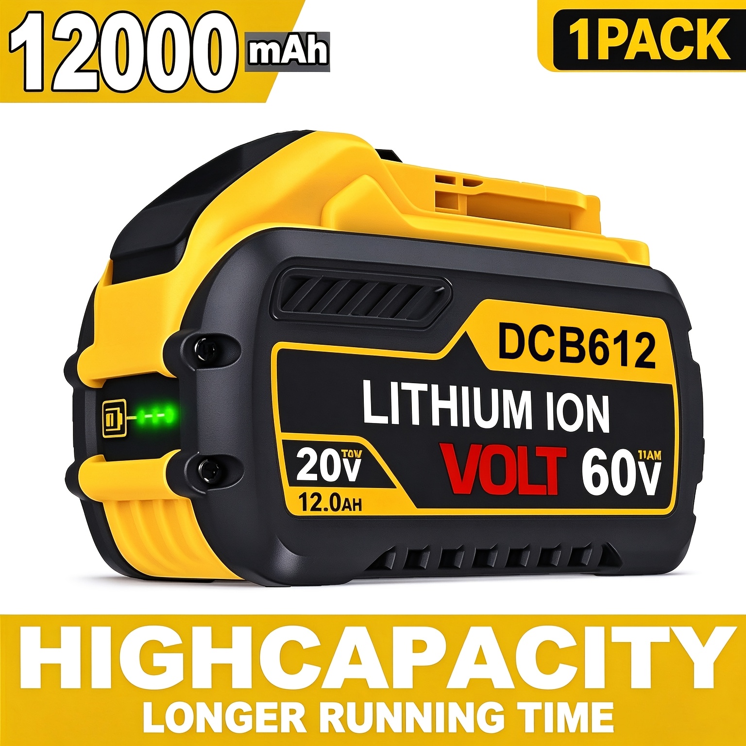 TEMU 1-pack 60v Max 12000mah Replacement For Batteries Del1815g Dcb609 Dcb612 Dcb615 Compatible With Original 20v/60v Power Tools And