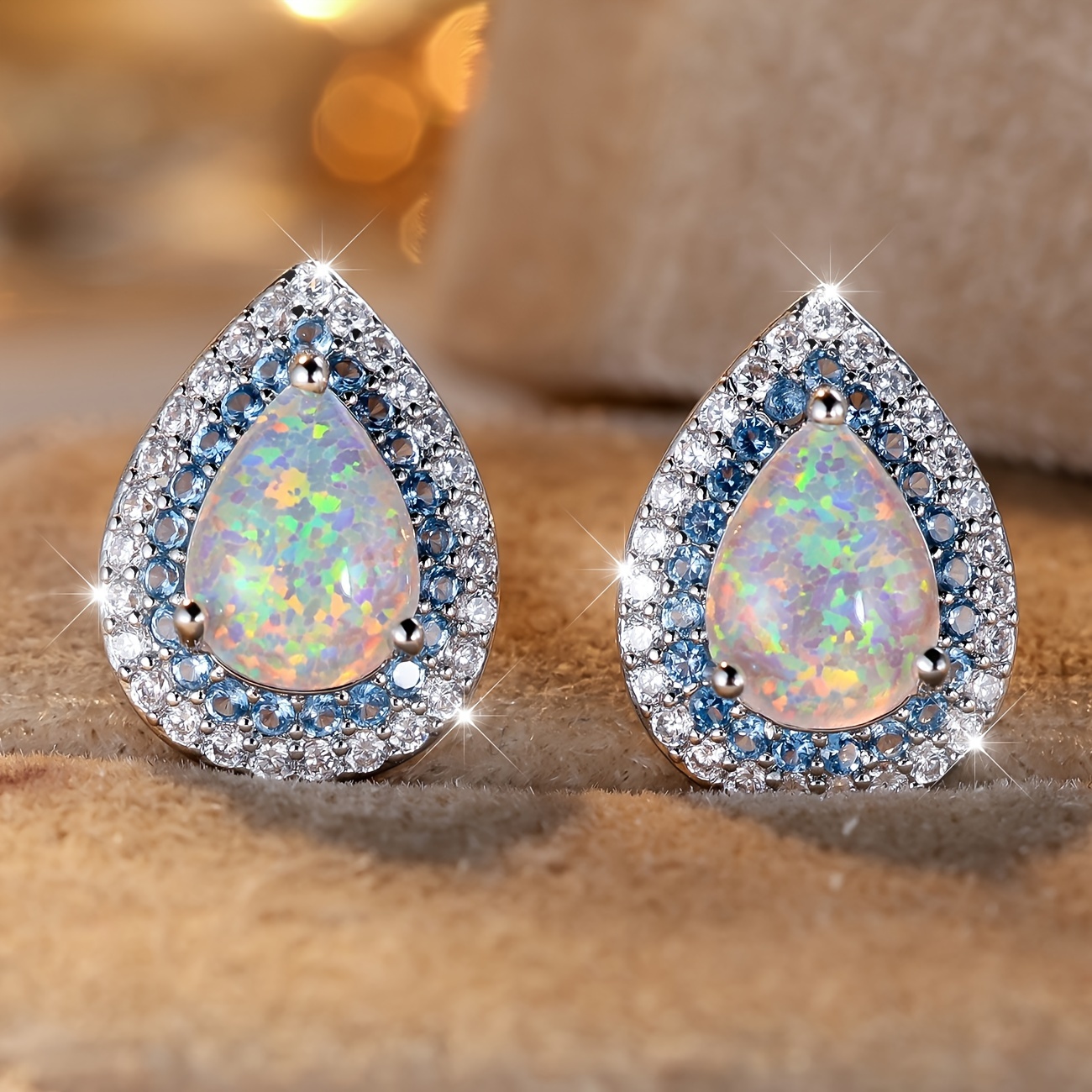 TEMU 1 Pair Elegant Teardrop Synthetic Opal Earrings With White K - Jewelry, Bohemian October Birthstone Studs For, Bridal Party, Beach Vacation, Wear