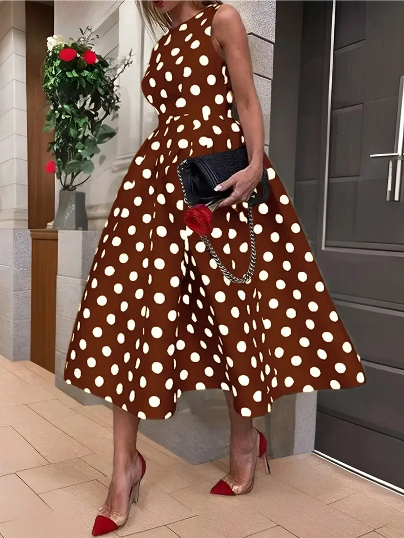 YY507 Polka Dot Print Belted Sundress, Vintage Sleeveless Holiday Date Party and * Versatile Women's Clothing YY507 Polka Dot Print Belted Sundress, Vintage Sleeveless Holiday Date Party and * Versatile Women's Clothing