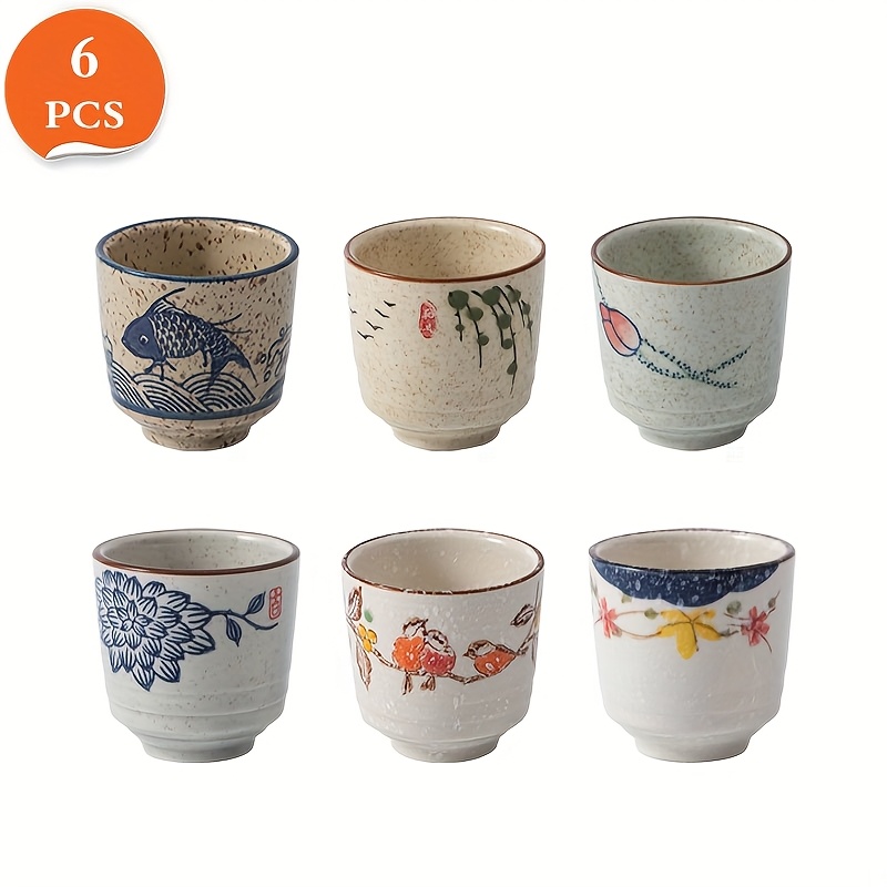 Image of 6pcs Underglaze Color Ceramic Teacups Hand-painted, Fu Teacup Tea Set New Chinese Suitable For Home, Hotel High Teacup, Beverage Cup