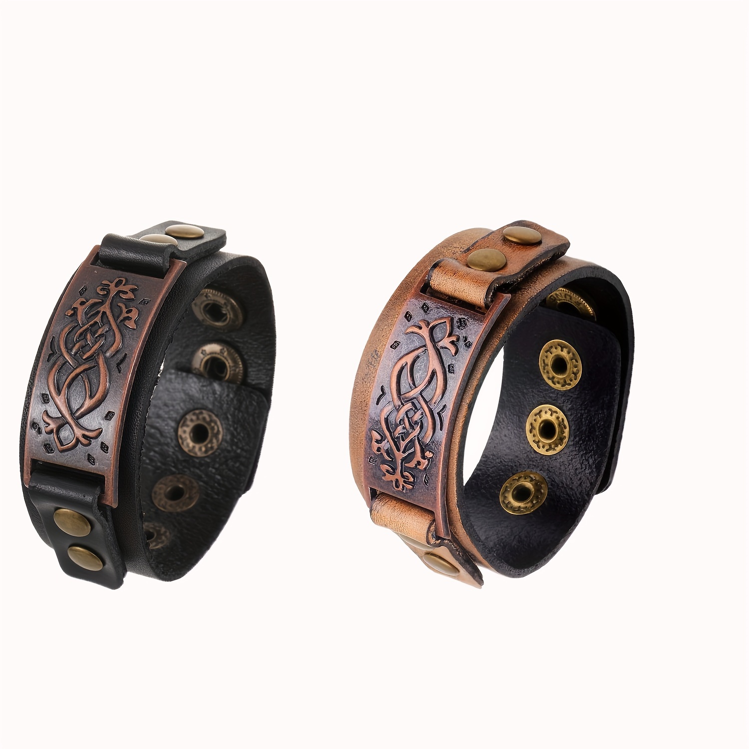 E-shop 2er-Set Armbänder aus echtem Rindsleder mit Vintage-Bronzemuster, geeignet für den täglichen Gebrauch von Männern
