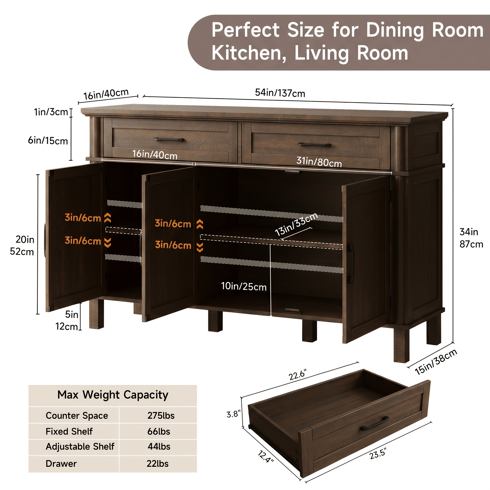 Farmhouse 48 Inch Buffet Cabinet with Storage, 48 Inch Sideboard with 2 Drawers And 3 Doors - Wood Coffee Bar Cabinet with Adjustable Shelves for Kitchen, Dining Room, Living Room