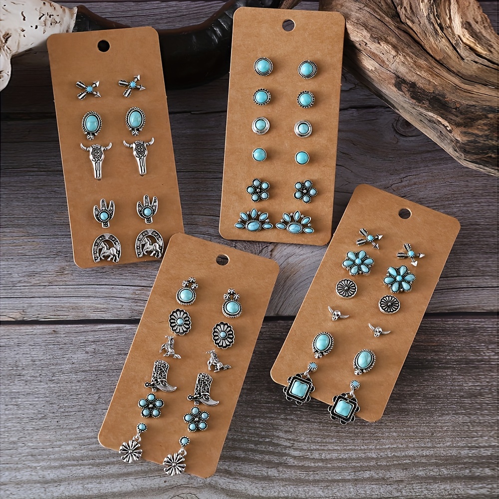

6 Pairs Vintage Western Style Earrings Set With Faux Turquoise, Featuring Bull, Horse, Boot & Floral Designs For Casual Wear & Holiday Outfits
