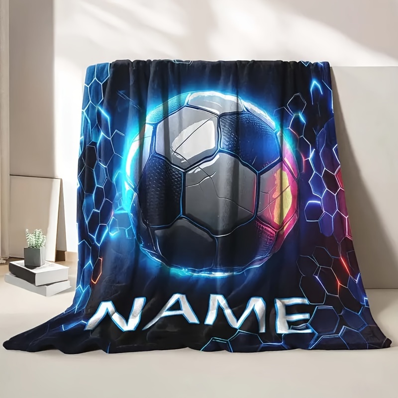 TEMU 1pc Creative Sports Tech Football Pattern Custom Text Printed Blanket, Home Decor, Throw, Soft And Comfortable, For Travel, Sofa,, Office, Home