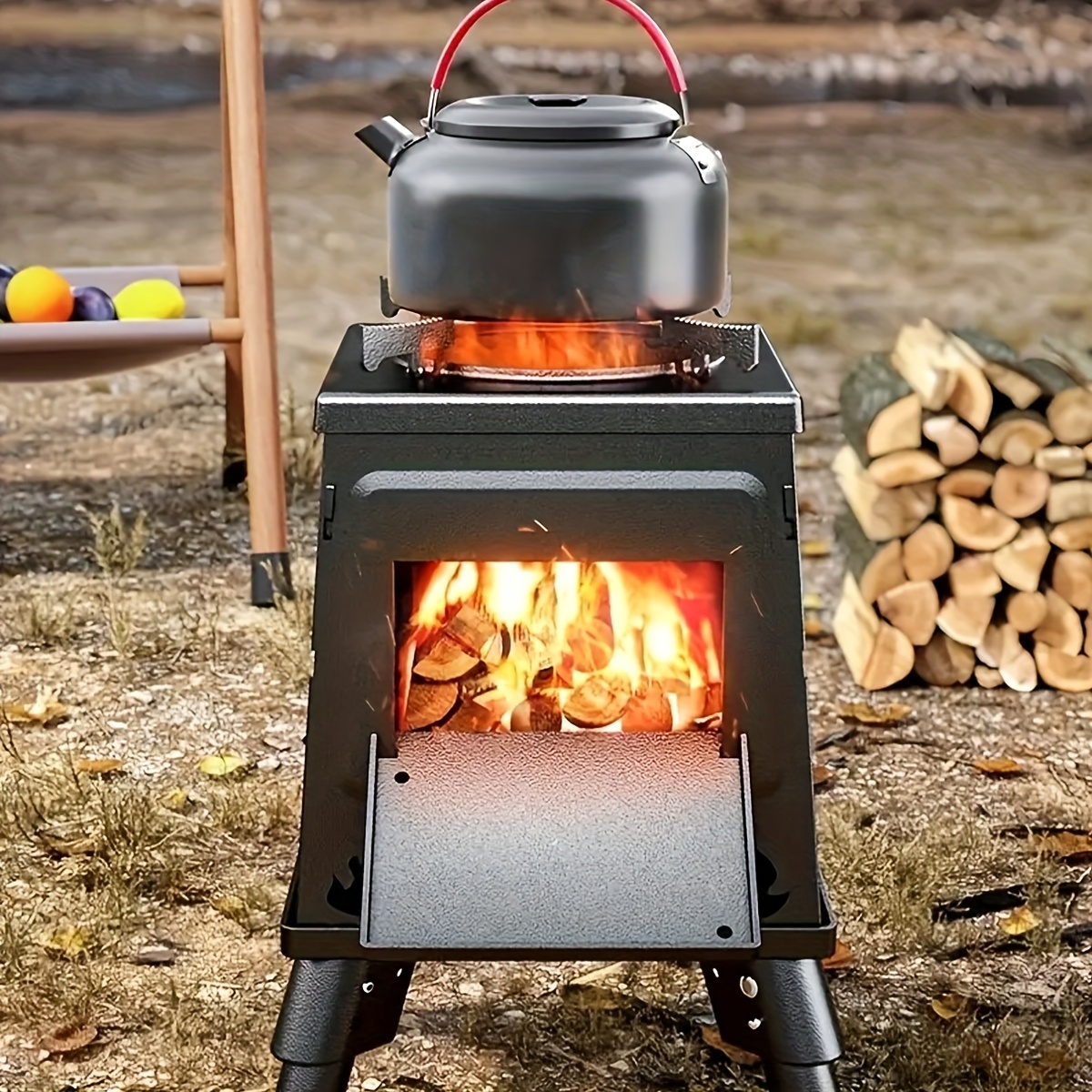 TEMU Wood Burning Camp Stove, Portable Cast Stove For Outdoor Hiking Picnic Bbq Travel, Black
