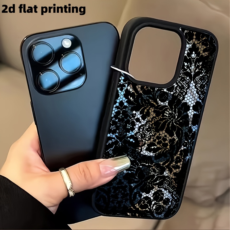 TEMU Phone Case: 2d Flat Printing Phone Case - 1pc Black Floral Lace Magnetic Wireless Charging Drop-proof Soft Protective Case, Suitable For Iphone