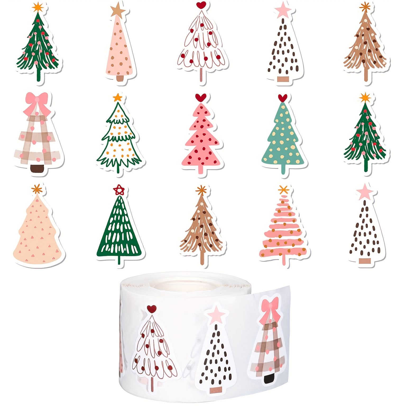 Image of 500pcs Christmas Boho Stickers Xmas Pine Tree Decals 12 Design Self-adhesive Stickers For Christmas Birthday Holiday Party Decor Supplies